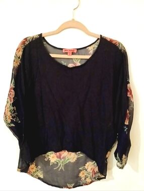 Betsey Johnson Sheer Floral Blouse Top Black 90s Y2K Boho Batwing Dolman Sleeve